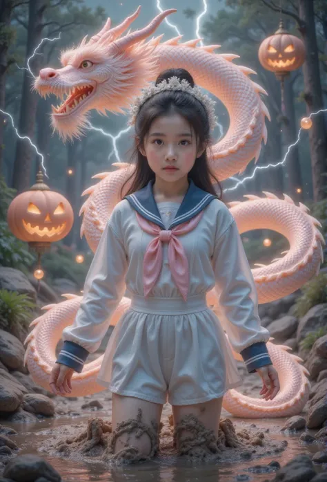  ((((A (severus snapes daughter:((11years old)) european girl,black hair, green eyes) ,1 womonen, With one Chinese dronegon behind，Lightning and thunder，There is one Chinese dronegon behind the huge pumpkin house ，direction, Silver Honeir,   heonert-shonep...