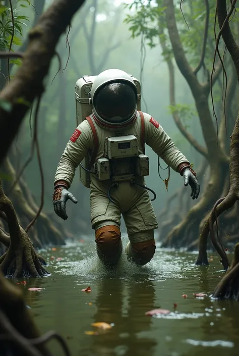 An astronaut are drowing in swamp