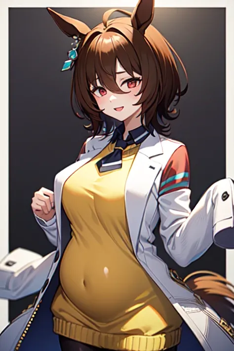  Agnes Tachyon 、Horse Girl、One person、 girl、Horse ears、Horse tail、 earring on one side 、Red eyes、 lines in eyes 、 shorthair、 brown hair 、Jacket、（White coat:1.2)、(bigger sleeve than wrist :1.1)、 yellow big sweater、 ties、 black pantyhose 、Stray hair、best qua...