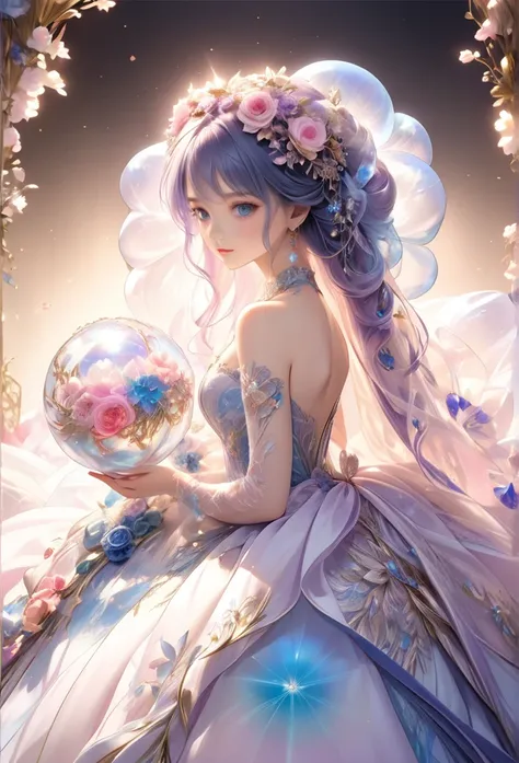 tmasterpiece，cute  、幼い女の子、Highest high resolution，((magic orb))，Dynamic bust of beautiful aristocratic maiden，Blue hair is elegantly coiled，（(Wearing a huge flower crown、jewelery，adiamondnecklace))，Purple clear eyes，(((The hair is covered with beautiful an...