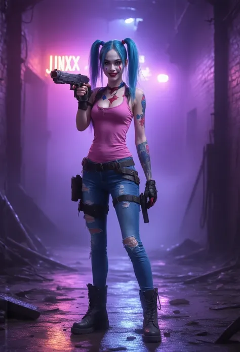 Cinematic image of Harley Quinn wearing Jinx clothes she is in Arcane pointing the gun forward 