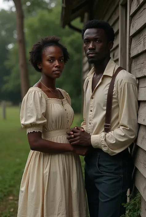 Generate image of a slave couple in the 1840. The woman is biracial fair enough to pass as a white and the man is dark. 