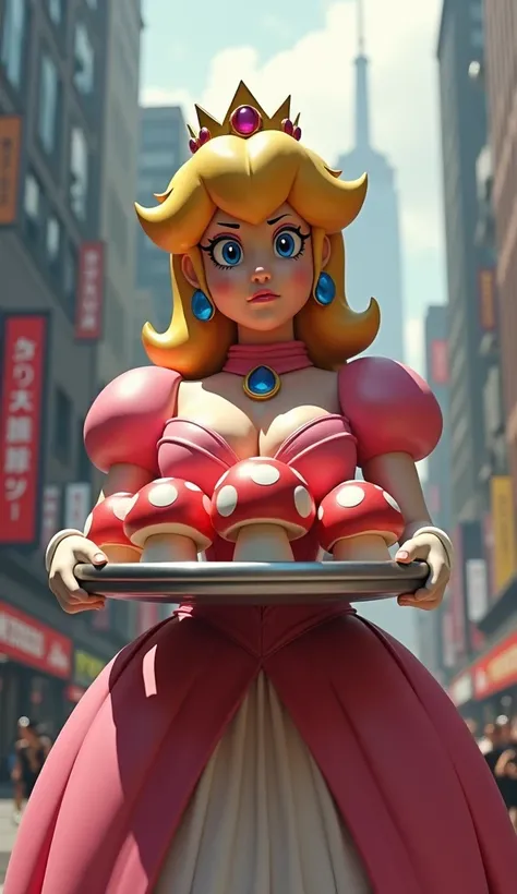 Create a CG Princess Peach from Super Mario Bros games. She has a worried face and Big boobs and shes a tray full of Super Mushrooms to the camera. Shes in a city wearing a Low-cut dress that highlights her big boobs. The camera angle is above Peach