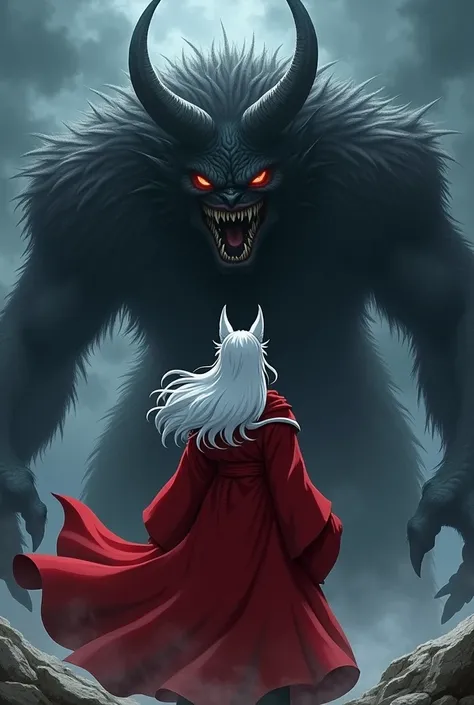 Inuyasha A man with long white hair and dog ears wearing a red robe He faces a monster 