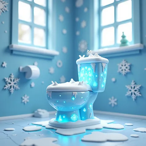 "A 3D cartoon-style toilet bowl designed with a frosty winter theme. The base of the toilet is icy blue with frosted white accents, and the tank is styled to look like a block of ice with glowing, shimmering icicle designs. The lid features a snowflake pat...