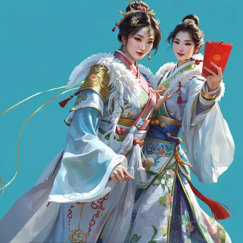 Two Asian women in traditional clothes are taking pictures, yiqiang and shurakrgt , heise jinyao,  trending on cgstation , Chinese Fantasy, author：The J, bian lian, Zhao Yun, xianxia fantasy, Ruan Jia and artgerm, Full body martial arts,  G Lilien Art Styl...