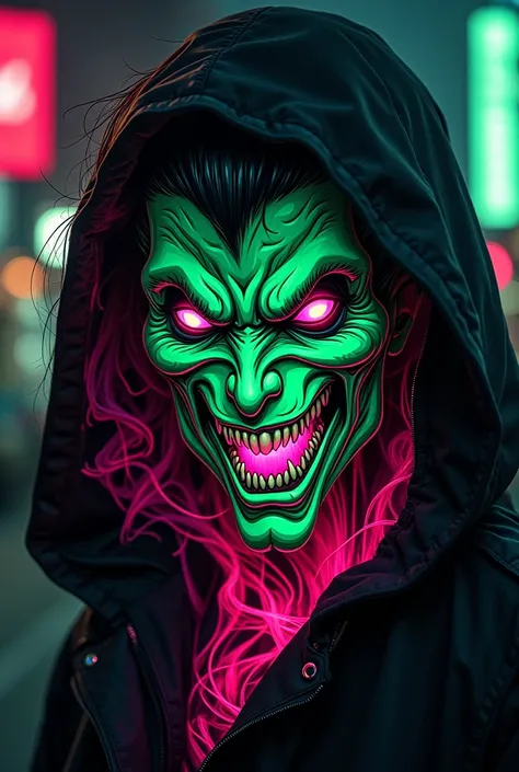 graphic design for a black jacket with a neon green and pink design featuring an evil spirit character, in the style of anime, in the style of comic book art, close-up view of the print on the coat