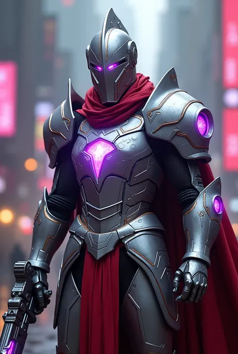 A formidable tech knight, clad in gleaming silver and crimson armor adorned with intricate, glowing purple runes. The focal point of the knights attire is the right shoulder, which boasts an integrated mini-gun attachment, its barrels spinning menacingly a...