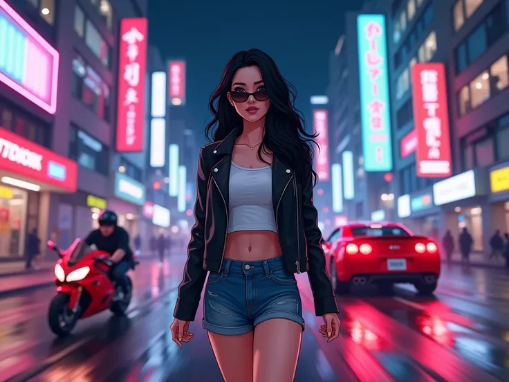 cartoon style, bustling urban street at night, a 20s Korean woman with long waved black hair, wearing a white cropped t-shirt, a black leather jacket, short denim shorts, and black sunglasses, stopping in her tracks with a sharp and focused expression, her...