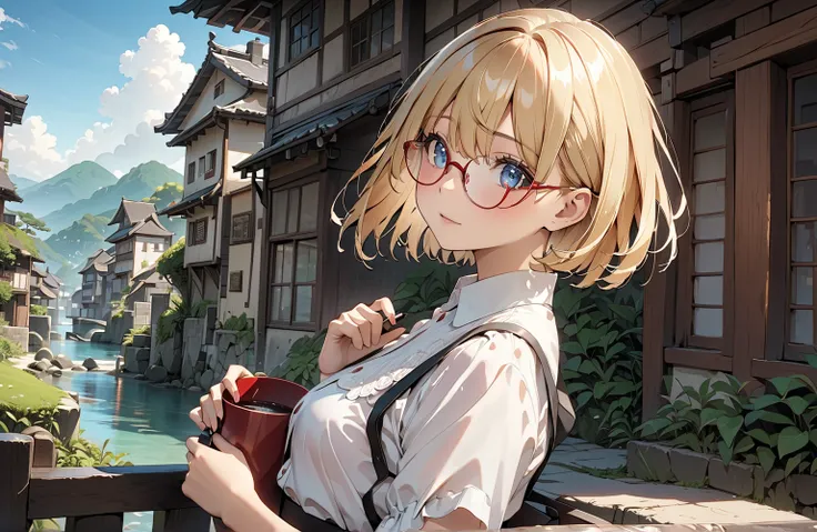 ( top quality, 4K, 8k,  high definition ,   Masterpiece  :1.2),  very detailed,  picturesque ,  anime-style picture , Photo Anime:1.37)、 girl with red glasses、Blonde、 bob hair、 blue eyes、 short hair 、 white blouse、Black flared skirt