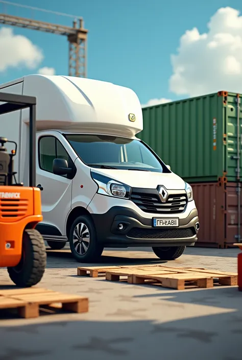 il y a un Renault trafic blanc, un fenwick orange et un contenaire de transport vert et des pailettes en bois, avec écrit par terre "Cellule Soutien Terre CLEMENCEAU 2025"