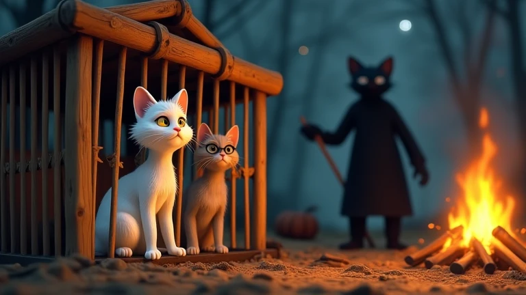 Near a bonfire, Kate, the graceful white cat, and Milo, the light brown kitten with glasses, are trapped in a wooden cage. Both stand upright inside the cage, looking worried, as Zogor looms menacingly in the background."