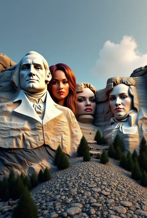 Mount Rushmore but with Beyoncé taylor swift with 2023 era hair rihanna with red hair and ariana grande with brunette hair as the faces make it not super realistic to the statue but like realistic to the characters faces and skin tone please  
