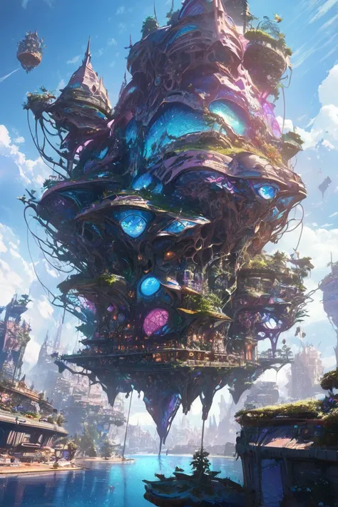 Sinister futuristic floating island suspended in the air, cities, fantasy, (villain hideout), (kawaii), cute, cute, anime style, technological, dark, funny, magical plant growth, extreme details, realistic light, blue sky, epic composition, (complex detail...