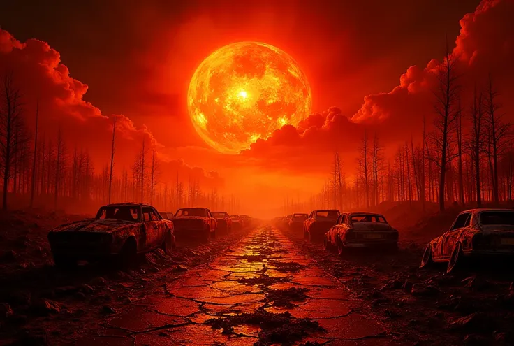 ((masterpiece)) ((photography)) ((Highest quality)) A dystopian apocalyptic landscape where the sun is dangerously close to Earth, casting an intense, hellish red-orange glow over everything. The ground is cracked and dry, with visible heatwaves rising. Sc...