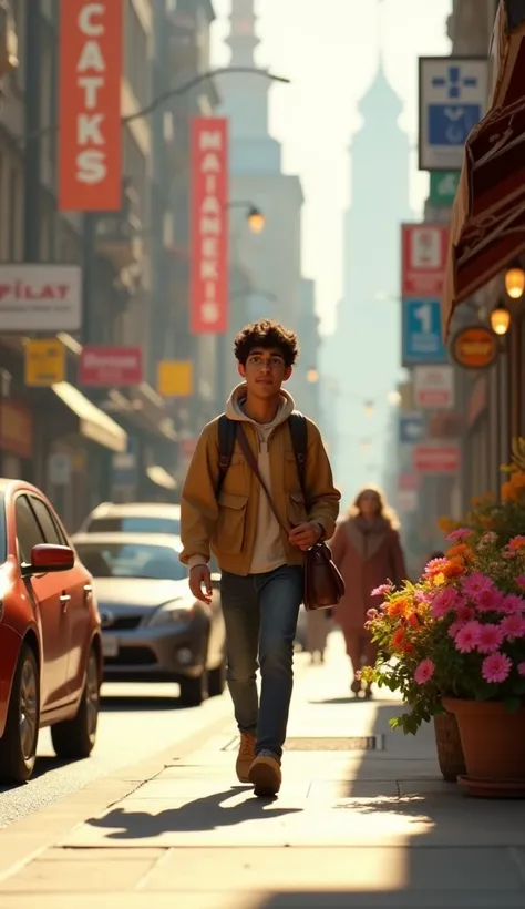 Create a Disney Pixar style medium shot of a young man, Ravi, walking briskly along a busy city sidewalk. Ravi is dressed in a light brown jacket and carrying a satchel. The setting is a bustling urban street with cars and storefronts. The subject is place...