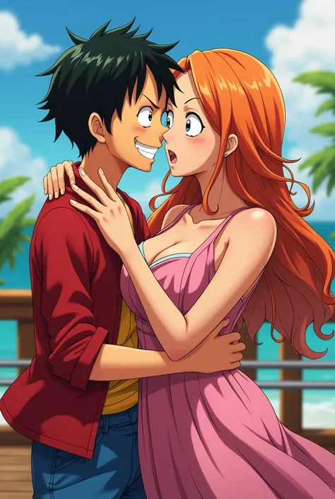 Nami huging luffys face to hear boobs

