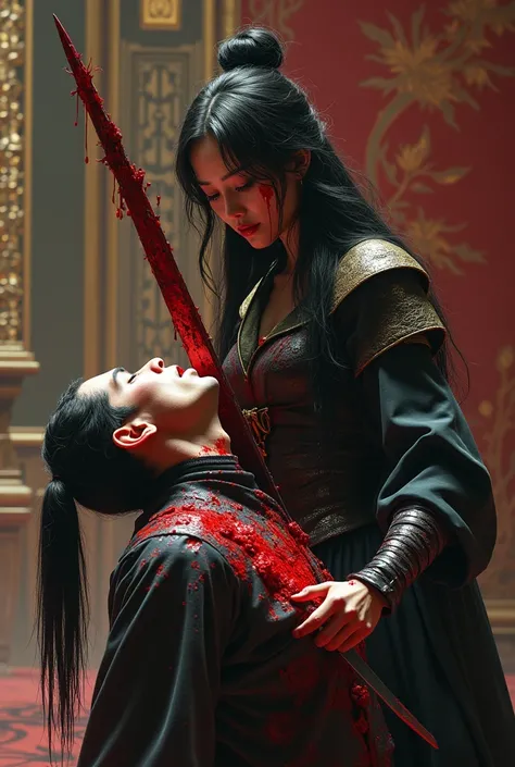 Hight quality, realistic, Very beautiful queen, neck bloody splash, neck slashed, male die, queen knife, royal kingdom, male ninja, male mask, queen cuts the male neck, male neck was split open blood flowed out in great abundance, queen was splashed with b...