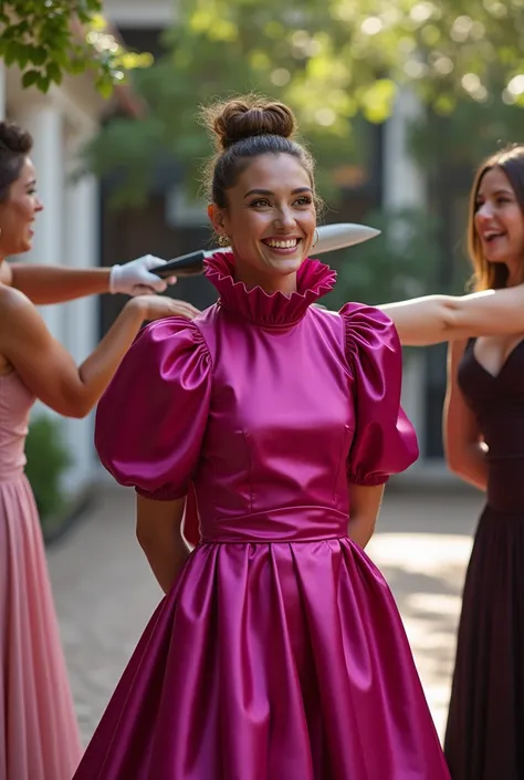 (realistic photograph sideways close up), (a smiling surprised willing beautiful Caucasian lady with (messy hair bun) and wearing (excessive shiny fuchsia silk dress with (long gigantic puff sleeves), (and with an ultra high tight stand-up collar up to her...