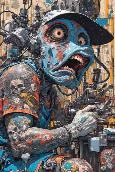   Crazy man by Tattoo Artist ,The man said 「Which design do you like?」,Black,grey,blue, surreal collage、a contemporary artistic collage、collage artwork、  New Album Cover  、 Great Job !! 、digital collage、(collage )、collage art、contemporary collage、mixed med...