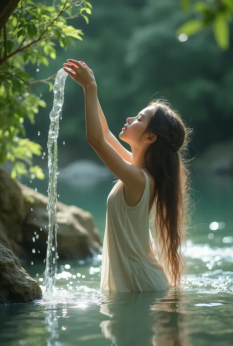 A girl with a long knot lifts the water and eats.