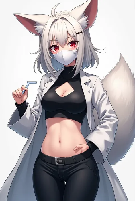  Anime girl 28 years old with white hair to her shoulders ,  with red eyes, fox ears and tail , second breast size, retracted belly with an elongated stomach,  deep neckline, With her big navel .  She wears , black trousers, scientific gown and fitted blac...