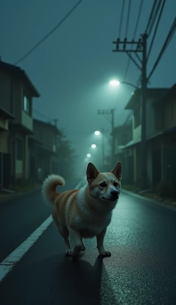 An imaginary monster、No ears、 The monster is the face of a middle-aged Japanese man whose head is only a Japanese、 a grumpy warped human face 、 but the body is a small dog 、 a late-night residential area with no people、 There is one monster that looks smal...