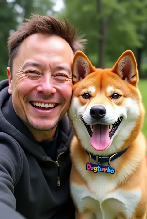 **Image Prompt

Create an image of a cheerful selfie of Elon Musk next to his faithful friend, a Shiba Inu called DOGTURBO. Elon is smiling broadly, with a background of a relaxed environment, such as a park or an outdoor space. The Shiba Inu, with its shi...