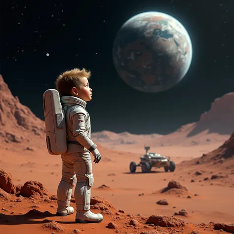 A boy staring at earth from mars.High Resolution,High Details, Quality, UHD,With white background