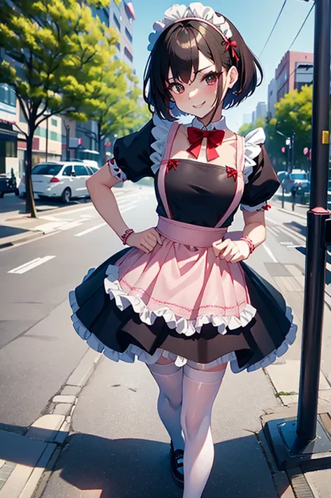 a solo cute shy boy, sexy boy,traps, short twintail hair, sexy small breast , crossdressing a japan maid dress and black pantyhose ,wearing a sneaker ,face red and embarrassed,smile ,standing sexy pose in a downtown street in the city at afternoon time, cl...