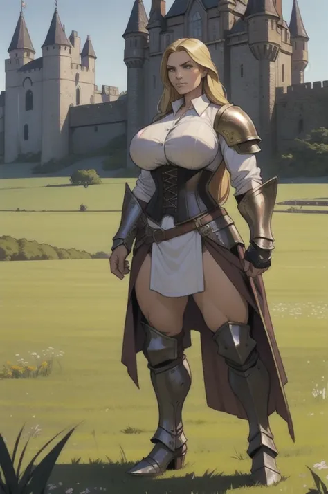 medieval fantasy, mature knight commander woman, armored woman, huge breasts, corset, white shirt, muscular woman, standing in grass field, long blonde hair, pauldrons, gauntlets, castle in background,