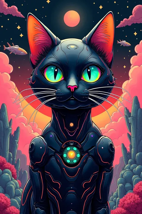 ((best quality)), ((masterpiece)), (detailed), perfect face of cyberpunk mecha cat neon rainbow eyes, metallic black body, rainbow hair, ((monochromatic neon rainbow color palette)), surreal, art nouveau, spaceships, aliens, fantasy, sci-fi, graphic novel,...