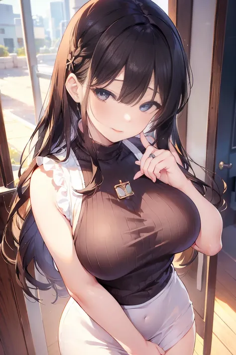 白い sleeveless sweaterを着た日本女性、 (((  masterpiece on penis ))), (( top quality)), (( complex details)), (((超 realistic )),  perfect anatomy, wacky solution,Woman standing at the end of opening the door ,  accurate real face ,  very detailed,  realistic , 1 be...