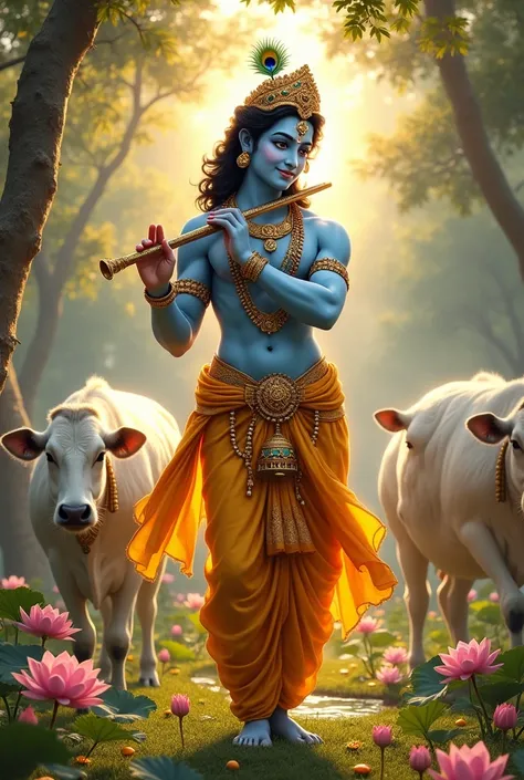 A divine figure with a radiant, bluish complexion that exudes serenity and power. Lord Krishna stands gracefully, adorned in a golden dhoti with intricate embroidery, and a flowing silk shawl draped over his shoulders. His head is crowned with a magnificen...