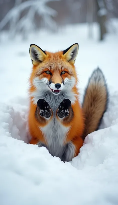  fox half buried in snow, Foxs feet standing on its feet ,  foxtail , The sole of a foxs foot , Extreme pose, Fox hands - paws, In action pose,  Tail Raised , Strike a cheeky pose, , Playing with foxes , Maxim Sukharev, Playing with foxes,  impressive winn...