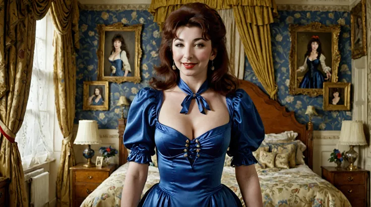 Kate bush when she was young, An English governess around 25 years old with a composed and authoritative demeanor,  wearing a low cut blue satin mini dress, very large breasts, very large cleavage, high heel boots, smile. The setting is a victorian bedroom...