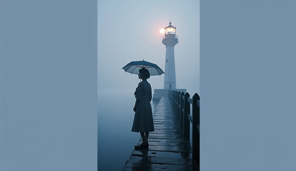  Autumn sad song MV promotional poster cover.  Desolate Atmosphere , Ocean Lighthouse . Breakwater . Dawn fog. umbrella. Autumn Filter ,  ultra high definition ,  Oriental woman in her 50s with short to medium length hair. A well-groomed oriental woman wit...