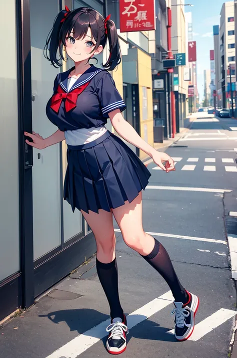 a solo cute shy boy, sexy boy,traps, short pigtail hair, sexy big breast , crossdressing a japan short sleeve sailor high-school uniform ,navy blue skirt ,black pantyhose ,wearing a sneaker ,face red and embarrassed,smile ,standing sexy pose in a downtown ...