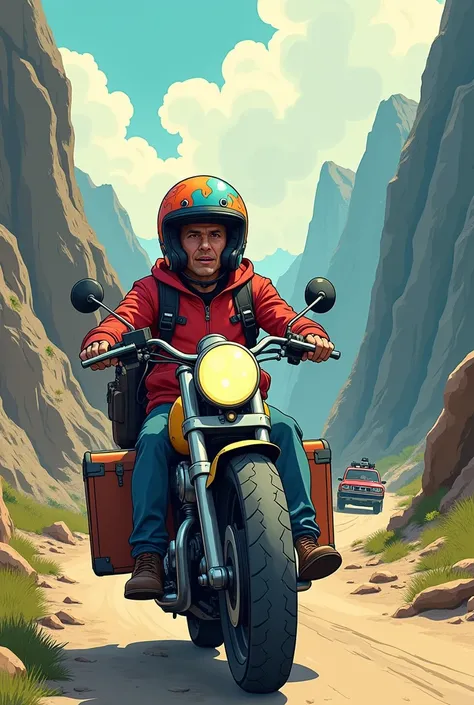 Cartoon image of a man wearing a helmet driving a motorbike adventure touring with a suitcase next to a car climbing the mountain with difficulty
