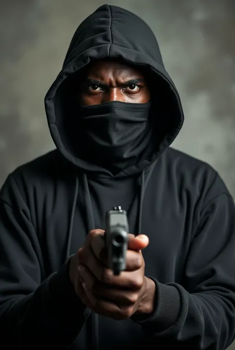 An African man wearing a hoodie,face mask with scary eyes holding a pistol advocating for freedom against corruption, racism, nepotism,oppression,war,bad governance, abuse of human rights and abduction by political leaders 