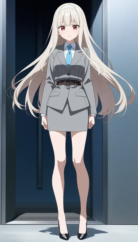 Mizuho Yuki、Brown Hair、 long hair、bangs、White hair band、sad face 、Red Eyes、 full body style that reflects your whole body、Normal milk、 narrow waist 、Bare legs、 in a suit、Grey Xin jacket, collared shirt 、 white shirt、 blue tie,belt,Grey Tight Skirt, black t...