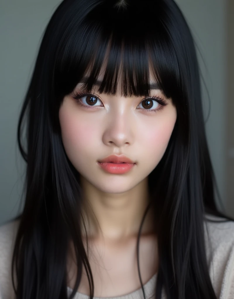 18 years old Asian, heavy bangs, straight black hair, heavy eye make-up, natural color lip, porcelain white skin, looking at camera,