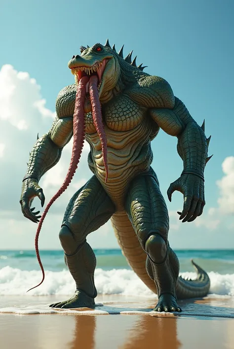 a monstrous humanoid hybrid of a crocodile and octopus standing menacingly on a beach, muscular build, detailed reptilian scales and octopus tentacles, dynamic pose, ocean waves in the background, bright daylight, cinematic lighting, ultra-realistic textur...