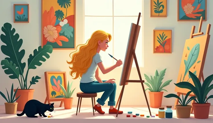 Blonde haired girl drawing in studio, There are many paintings on the walls, Pigment, Green plant, cat， flat 2D illustration style，Vector diagram，simple shapes, no textures