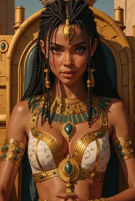 cowboy shot, masterpiece,  a painting of a beautiful woman, portrait of queen cleopatra sitting on the throne, beautiful, brown eyes, [shorthair | dreadlock], regal egyptian attire, cinematic, high detailed, visually stunning, old egypt, natural looking, r...