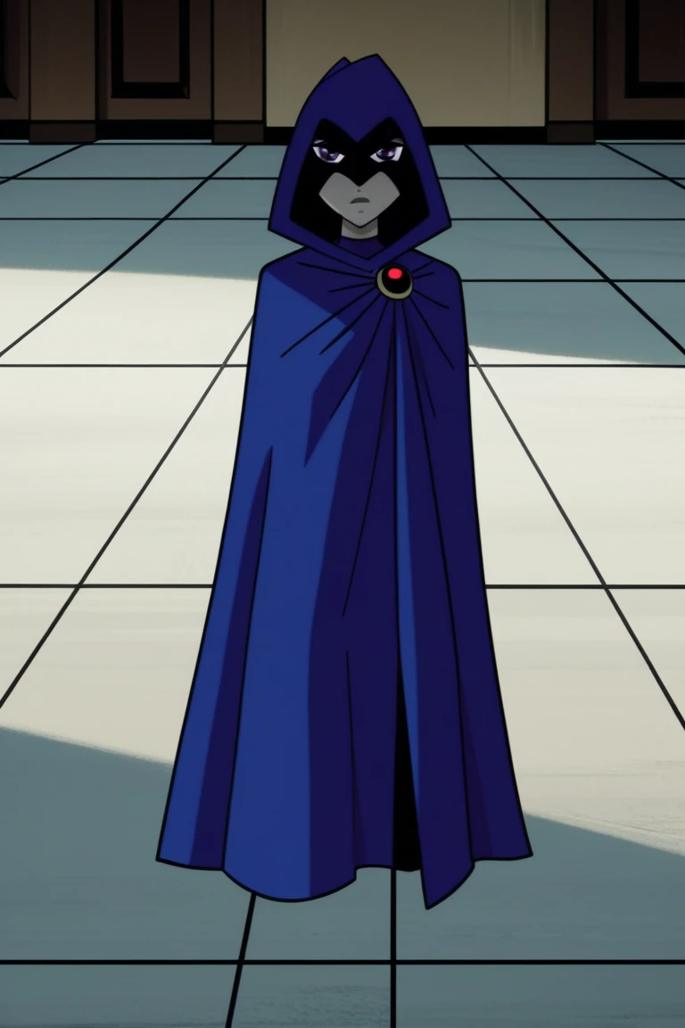 1girl, solo, raven (dc), purple eyes,  purple hair, grey skin, forehead jewel, blue cape covering whole body, long blue cape, long cape, cape touch the ground, hood covered head, leaning back, indoors, halfway, from floor, from behind, High Resolution, Bes...