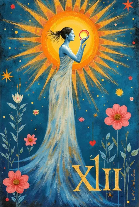 Create a radiant and heartwarming tarot card collage for Day 43 inspired by modern artists like Chagall and Matisse. The Roman numeral XLIII should be prominently displayed in a refined serif font. The collage should feature an abstract figure holding or o...