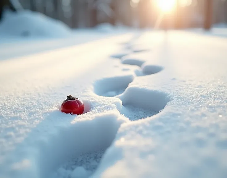 Realistic, theme is "footprints in the snow", close-up of footprints in the snow on a sunny day, a single red nut rolling in the footprints, shot with a close-up lens, sophisticated design, advanced lighting techniques, real-life photo 8K quality