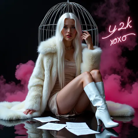 A woman with long white hair,She will wear a very luxurious velvet dress and a white fur coat,a white futuristic boot, the black background and there will be pink smoke,I want Y2K XOXO written on the background ,I want her without sensuality posing inside ...