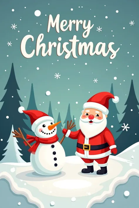 Christmas character greeting vector design. Merry christmas text with santa claus and snowman characters cute and happy in outdoor snow for xmas holiday eve celebration. Vector illustration.